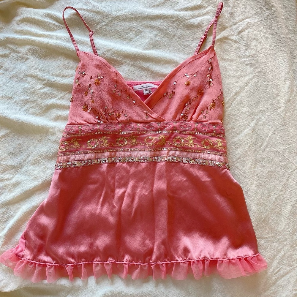 Intuitions Y2k vintage babydoll silk beaded cami top
